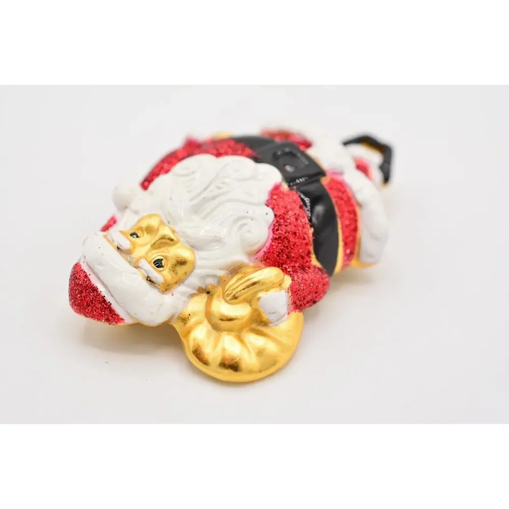 AJC Vintage Christmas Pin Brooch Santa Claus Glitter Heavy Chunky Signed 80s 9B